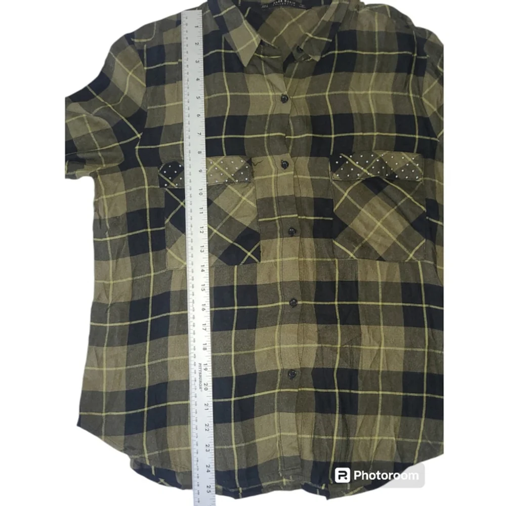 Women Zara Basic Shirt Green Black Plaid L